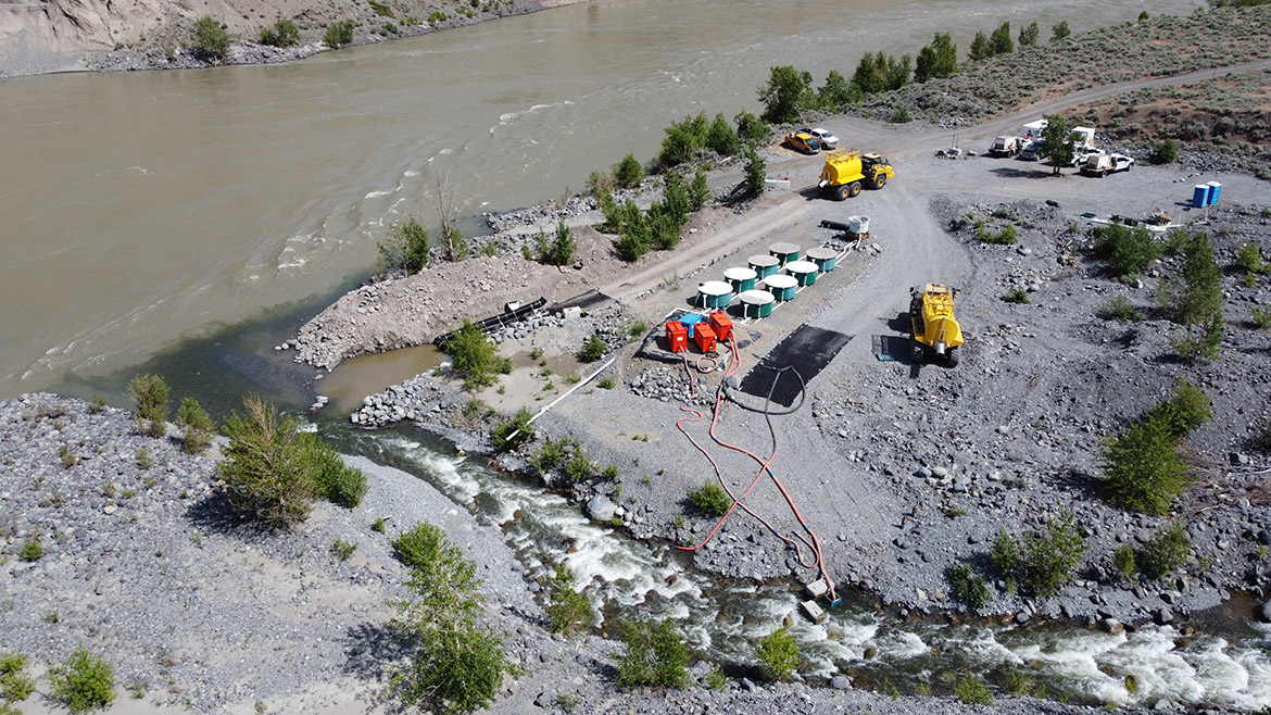 Aerial view of the French Bar Creek release site, where Kiewit and DFO crews trialed truck transport procedures.