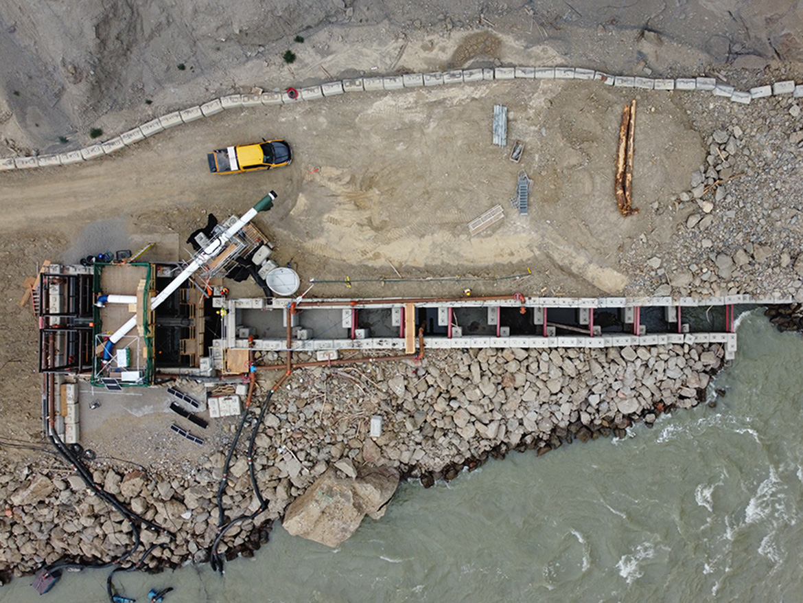 Aerial view of the concrete fish ladder.